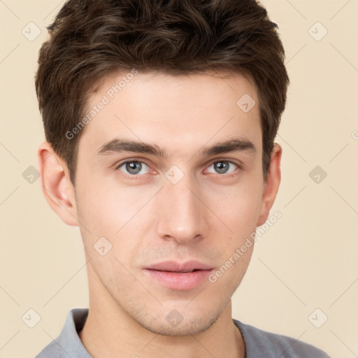 Neutral white young-adult male with short  brown hair and brown eyes