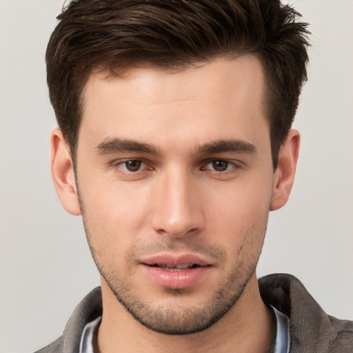 Neutral white young-adult male with short  brown hair and brown eyes