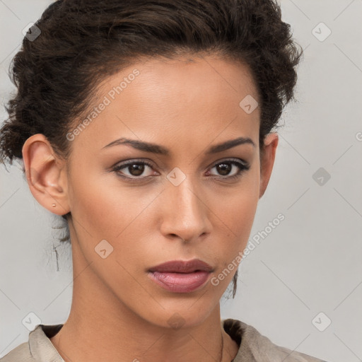 Neutral white young-adult female with short  brown hair and brown eyes