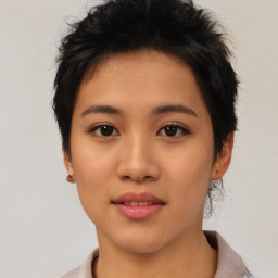 Neutral asian young-adult female with short  black hair and brown eyes