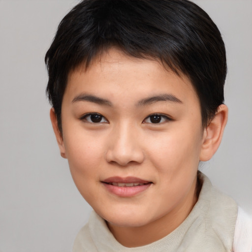 Joyful asian young-adult female with short  brown hair and brown eyes