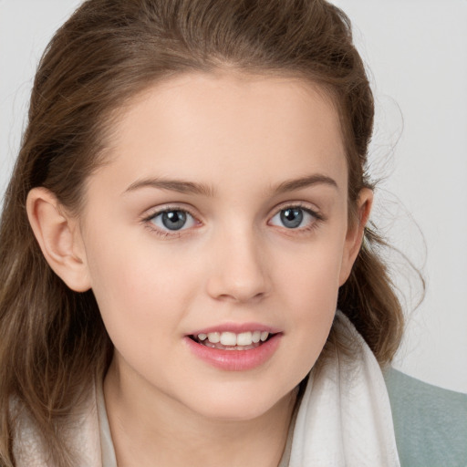 Joyful white child female with medium  brown hair and grey eyes