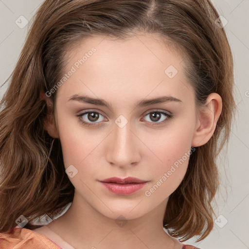 Neutral white young-adult female with medium  brown hair and brown eyes