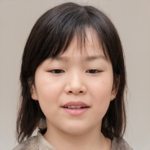 Joyful asian child female with medium  brown hair and brown eyes