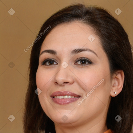 Joyful white young-adult female with long  brown hair and brown eyes