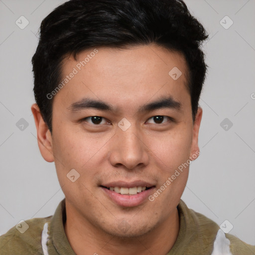 Joyful asian young-adult male with short  brown hair and brown eyes