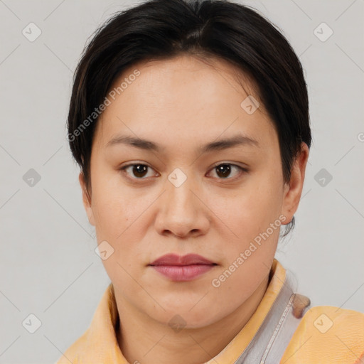 Neutral asian young-adult female with medium  brown hair and brown eyes