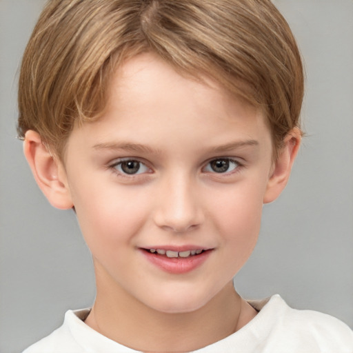 Joyful white child female with short  brown hair and brown eyes