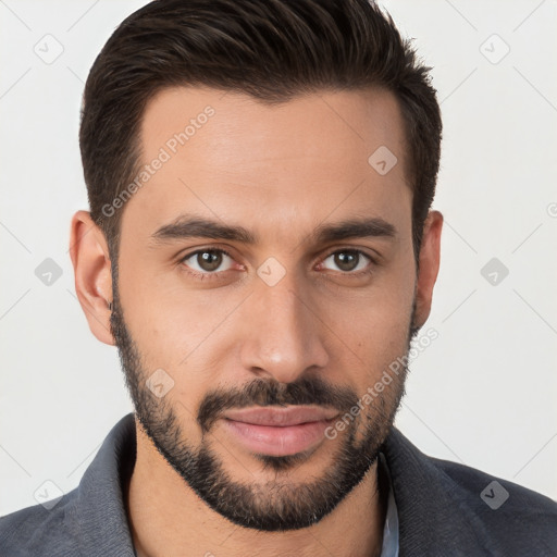 Joyful white young-adult male with short  brown hair and brown eyes