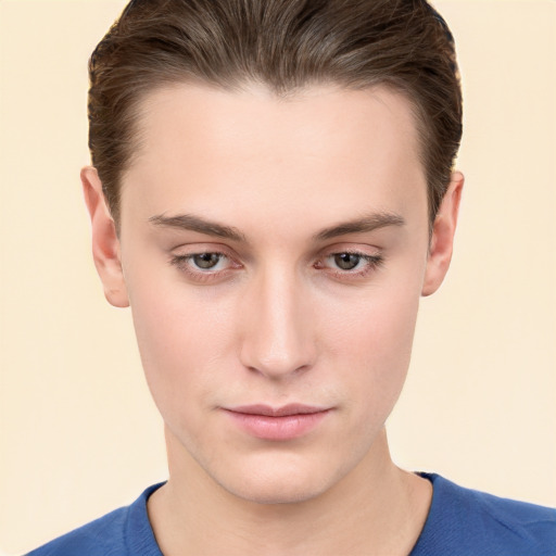 Neutral white young-adult male with short  brown hair and brown eyes