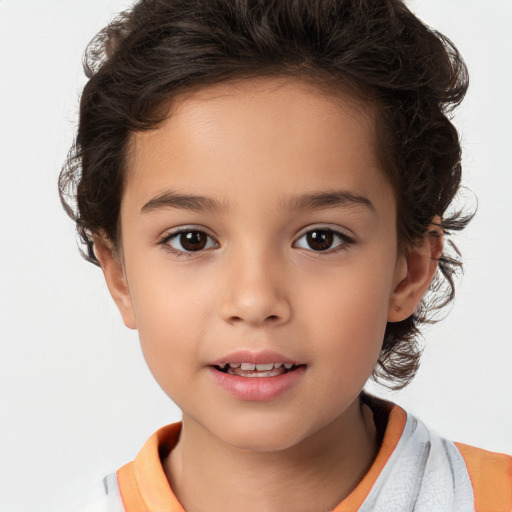 Joyful white child female with medium  brown hair and brown eyes