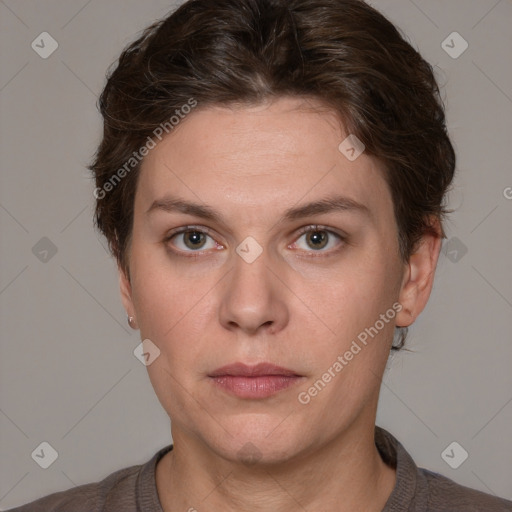 Neutral white young-adult female with short  brown hair and grey eyes