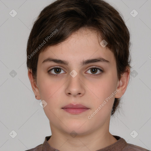 Neutral white young-adult female with short  brown hair and brown eyes