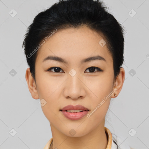 Joyful asian young-adult female with short  brown hair and brown eyes