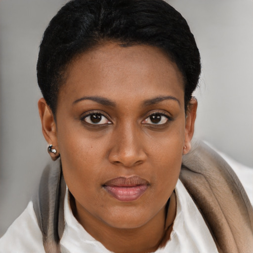 Joyful black young-adult female with short  brown hair and brown eyes