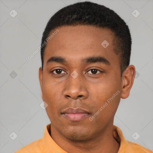 Neutral black young-adult male with short  black hair and brown eyes
