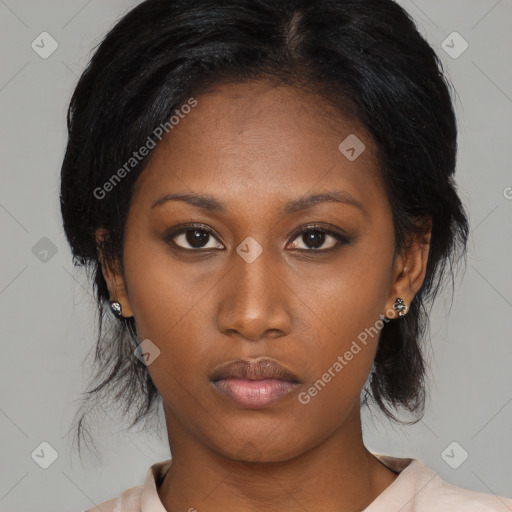 Neutral asian young-adult female with medium  black hair and brown eyes