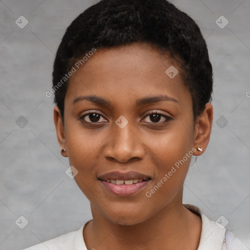 Joyful black young-adult female with short  black hair and brown eyes