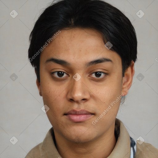 Neutral asian young-adult male with short  black hair and brown eyes