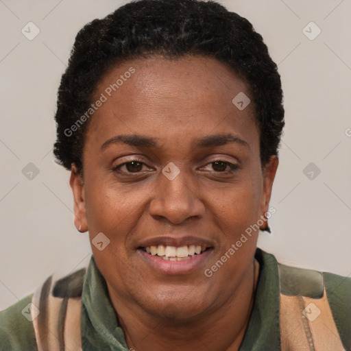 Joyful black adult female with short  black hair and brown eyes