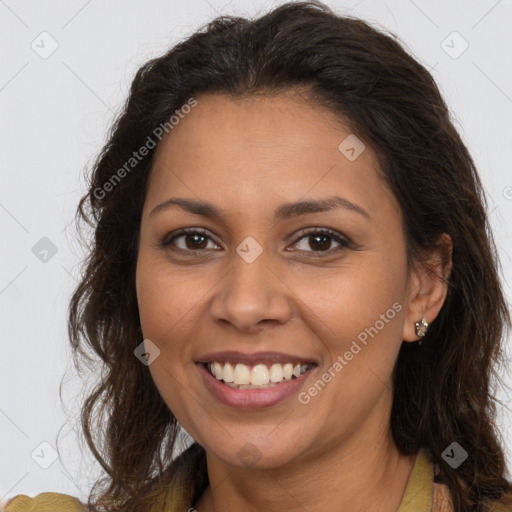 Joyful white adult female with long  brown hair and brown eyes