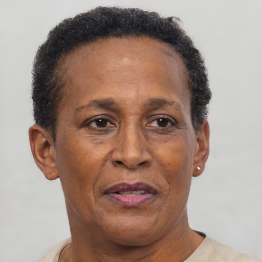 Neutral black adult female with short  brown hair and brown eyes