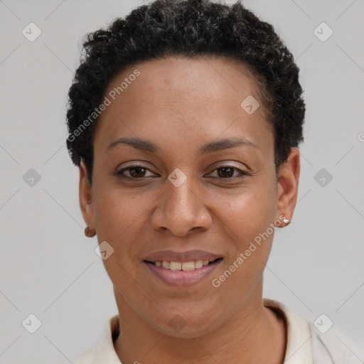 Joyful latino young-adult female with short  black hair and brown eyes