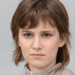 Neutral white young-adult female with medium  brown hair and grey eyes