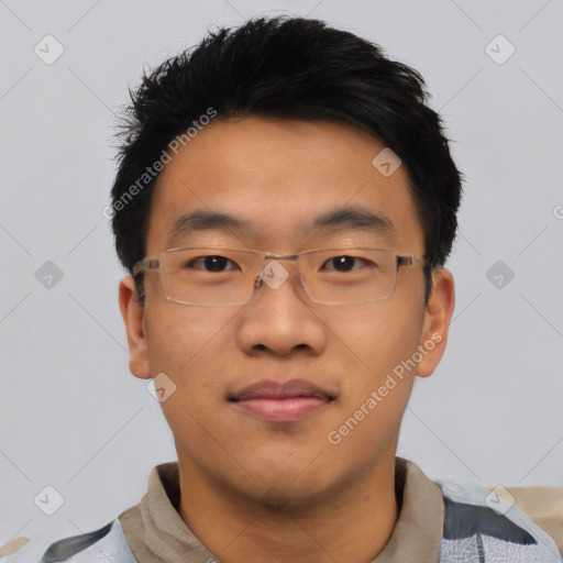 Neutral asian young-adult male with short  black hair and brown eyes