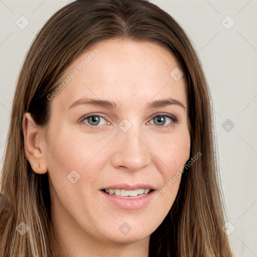 Joyful white young-adult female with long  brown hair and grey eyes