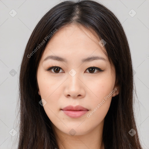 Neutral asian young-adult female with long  brown hair and brown eyes