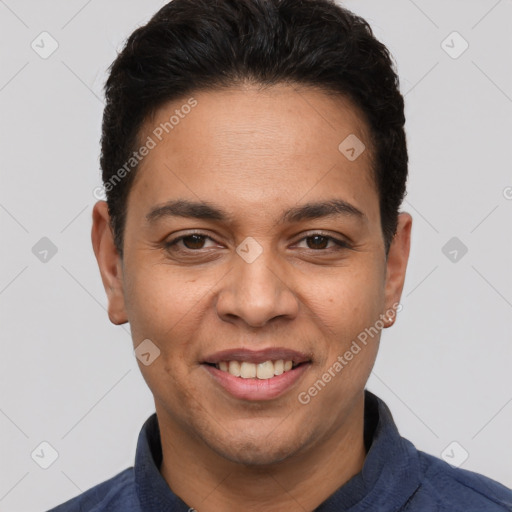 Joyful white adult male with short  brown hair and brown eyes