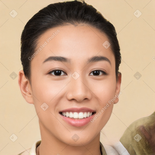 Joyful white young-adult female with short  brown hair and brown eyes