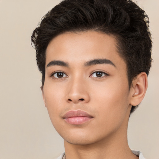 Neutral asian young-adult male with short  brown hair and brown eyes