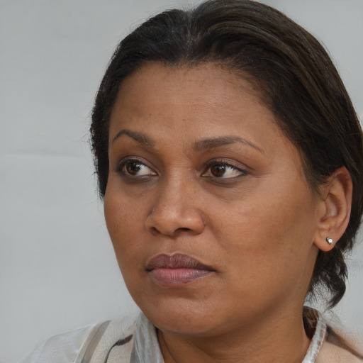 Joyful black adult female with medium  brown hair and brown eyes