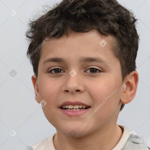 Joyful white child male with short  brown hair and brown eyes