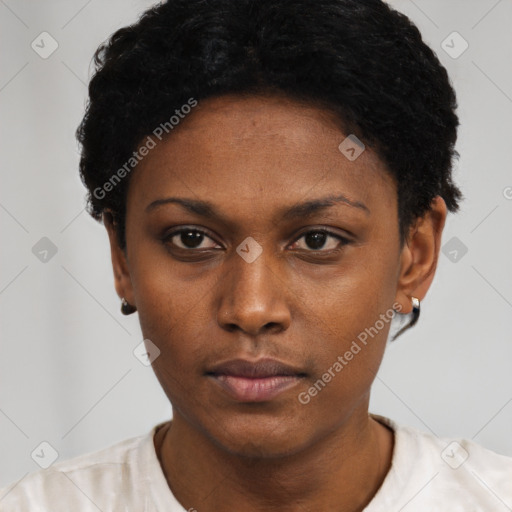 Neutral black young-adult female with short  black hair and brown eyes