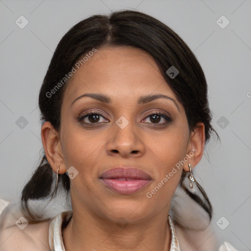 Joyful black young-adult female with medium  brown hair and brown eyes