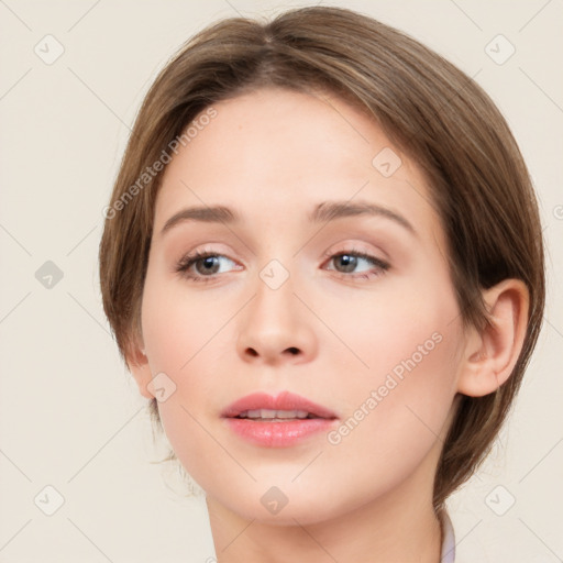 Neutral white young-adult female with medium  brown hair and green eyes