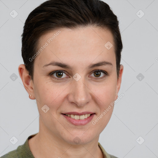 Joyful white young-adult female with short  brown hair and grey eyes