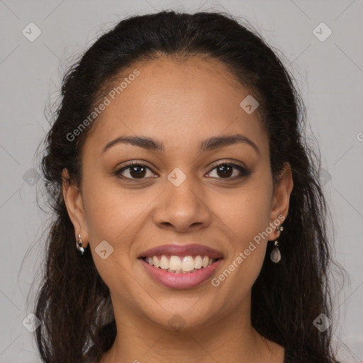 Joyful latino young-adult female with long  brown hair and brown eyes