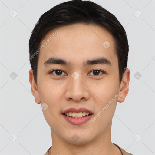 Joyful white young-adult male with short  black hair and brown eyes