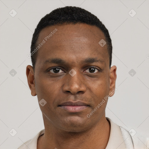 Neutral black young-adult male with short  black hair and brown eyes