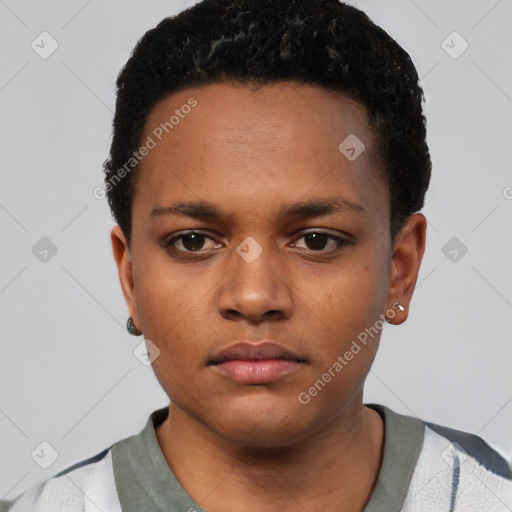 Neutral black young-adult male with short  black hair and brown eyes