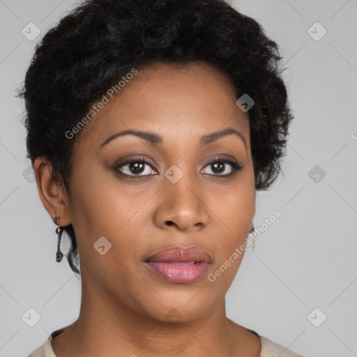 Joyful latino young-adult female with short  brown hair and brown eyes