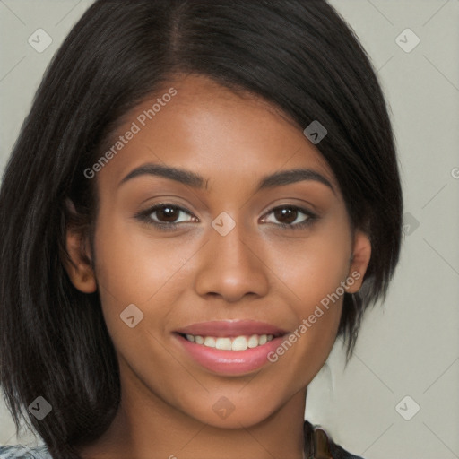 Joyful latino young-adult female with long  brown hair and brown eyes