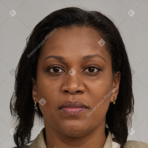 Joyful black young-adult female with medium  brown hair and brown eyes
