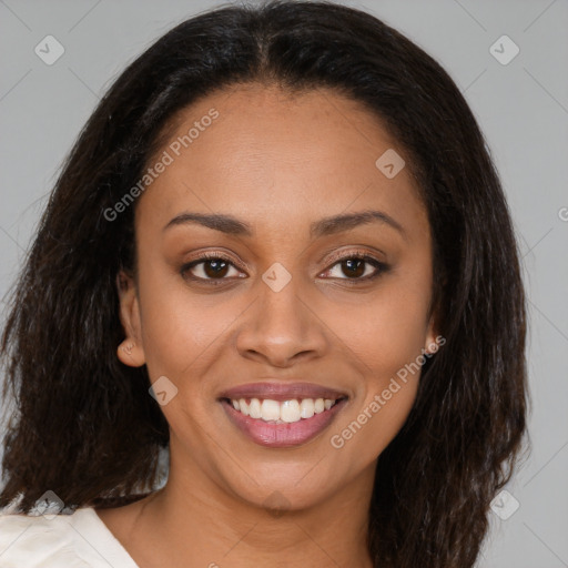 Joyful latino young-adult female with medium  brown hair and brown eyes