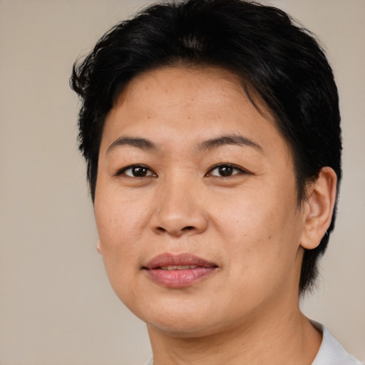 Joyful asian adult female with medium  brown hair and brown eyes