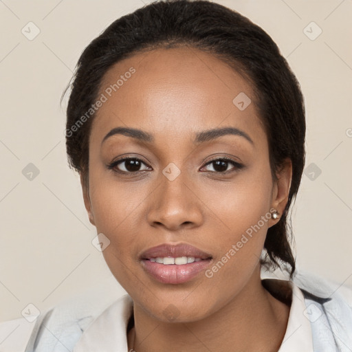 Joyful white young-adult female with medium  black hair and brown eyes